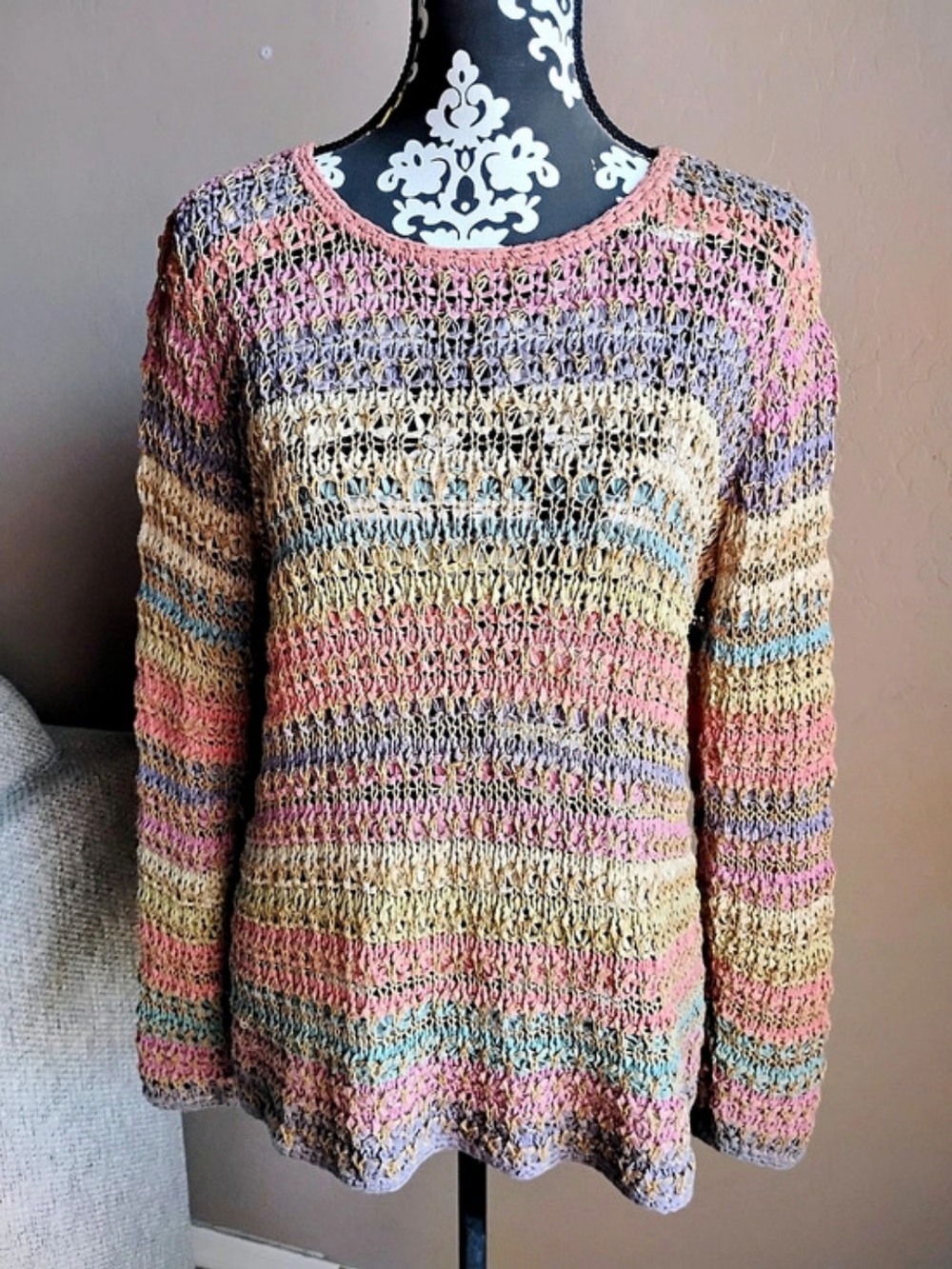 Sigrid Olsen Sport Striped Open Knit Sweater in Pink & Purple Size Medium